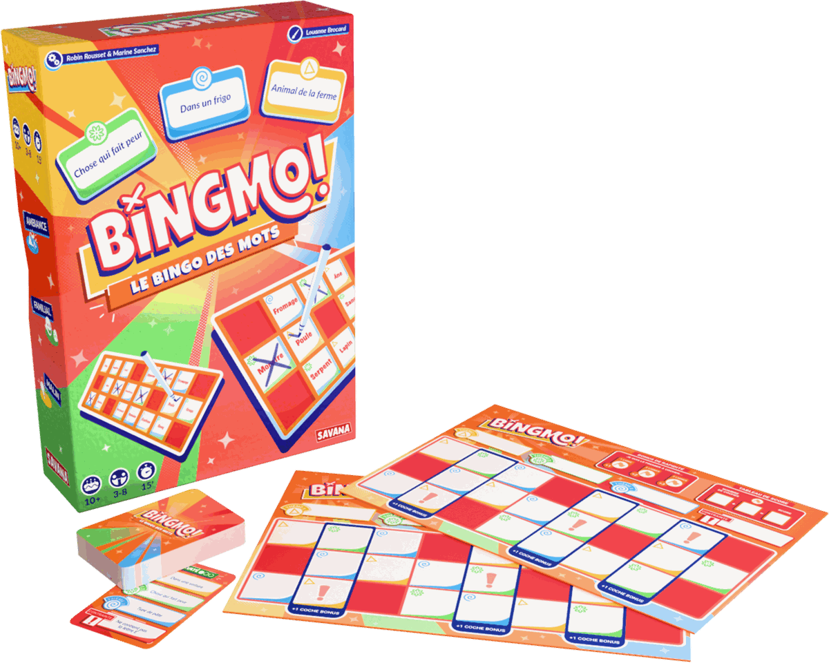 Contenu de la boîte BINGMO : plateaux effaçables, feutres et cartes Thème